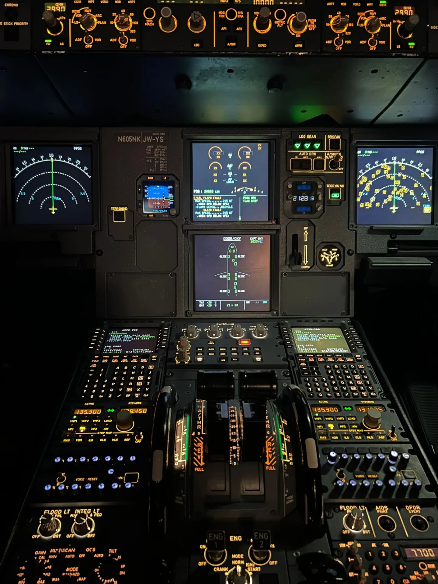 The centre pedestal and engine gauges on the simulator flight deck